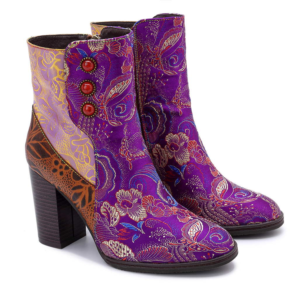 WOMEN'S HANDMADE LEATHER BOHO ANKLE BOOTS: FLORAL-EMBROIDERED FABRIC ...