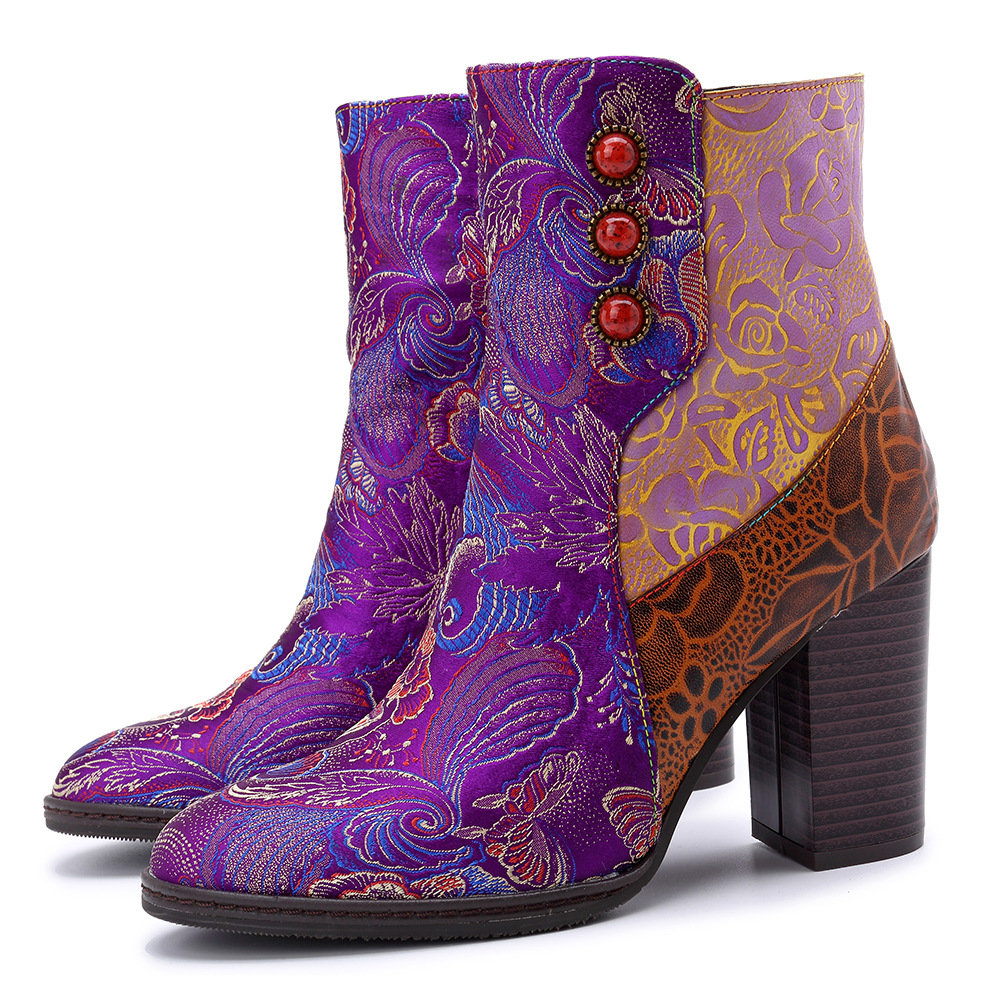 WOMEN'S HANDMADE LEATHER BOHO ANKLE BOOTS: FLORAL-EMBROIDERED FABRIC ...