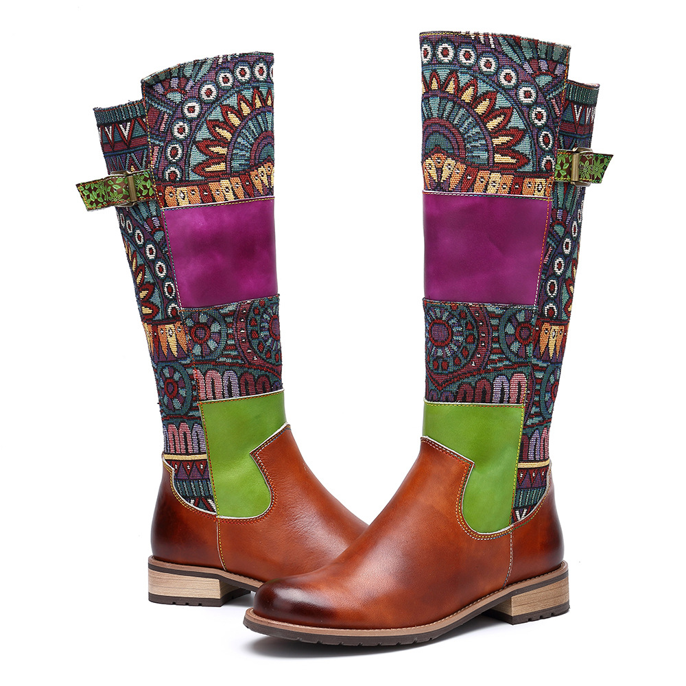 Vintage Knee High Boots Women Shoes Bohemian Retro Genuine Leather Lady ...